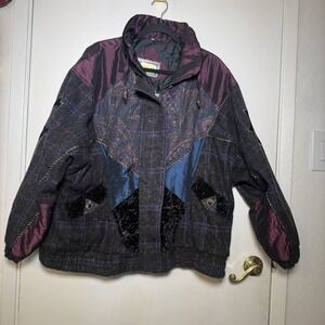 Vintage 80s Wool Velvet Coat Karizma Patchwork Purple Gray Women 2XL Jacket